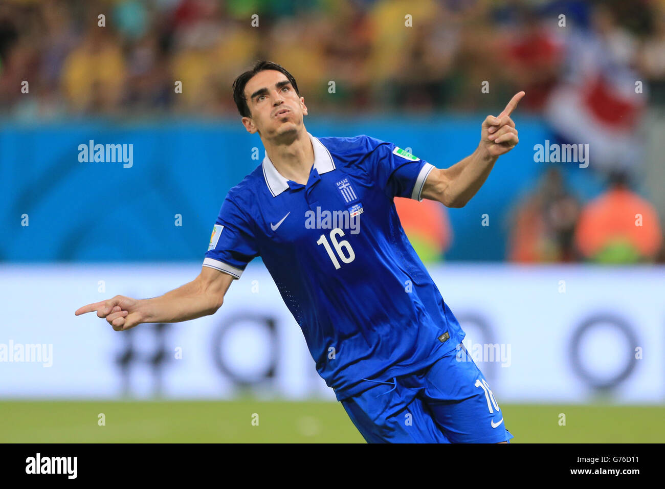 Calcio - Coppa del mondo FIFA 2014 - Round of 16 - Costa Rica / Grecia - Arena Pernambuco. Lazaros Christodoulopoulos, in Grecia, celebra la sua penalità nella sparatoria Foto Stock