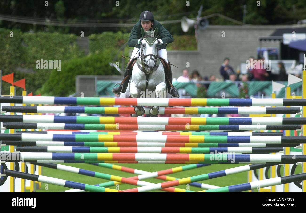 Kian o'Connor, l'allenatore di cavalli Tony o'Brien, sta per battere la barra superiore della quinta recinzione nella finale del Kerrygold Six Bar, mentre cavalcando Irish Independent Casper al Kerrygold Horse Show di Dublino, Repubblica d'Irlanda. O'Connor aveva bisogno di un chiaro round per vincere, ma ha finito secondo al Mark Armstrong inglese. Foto Stock