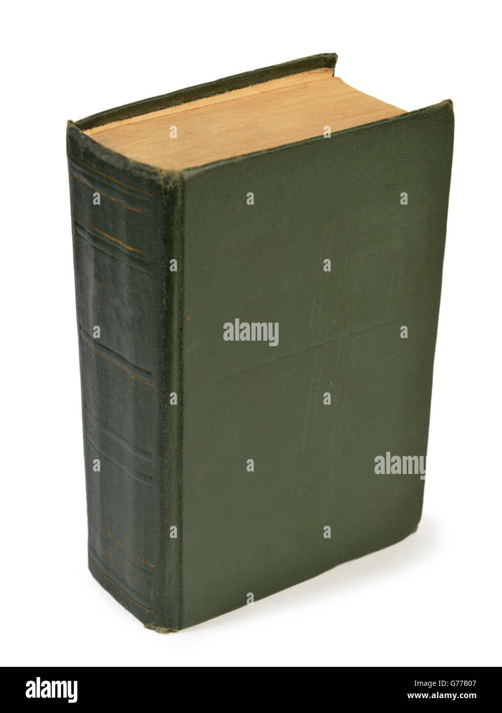 Vecchio libro rilegato isolata sulla verticale bianca Foto Stock