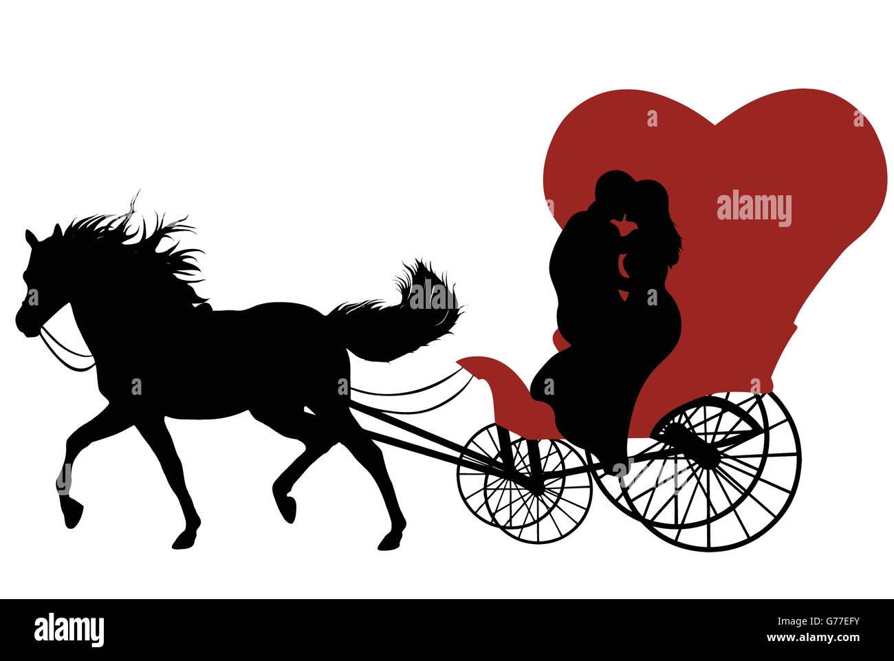Silhouette nera di un cavallo con red Carrello isolato su bianco Illustrazione Vettoriale