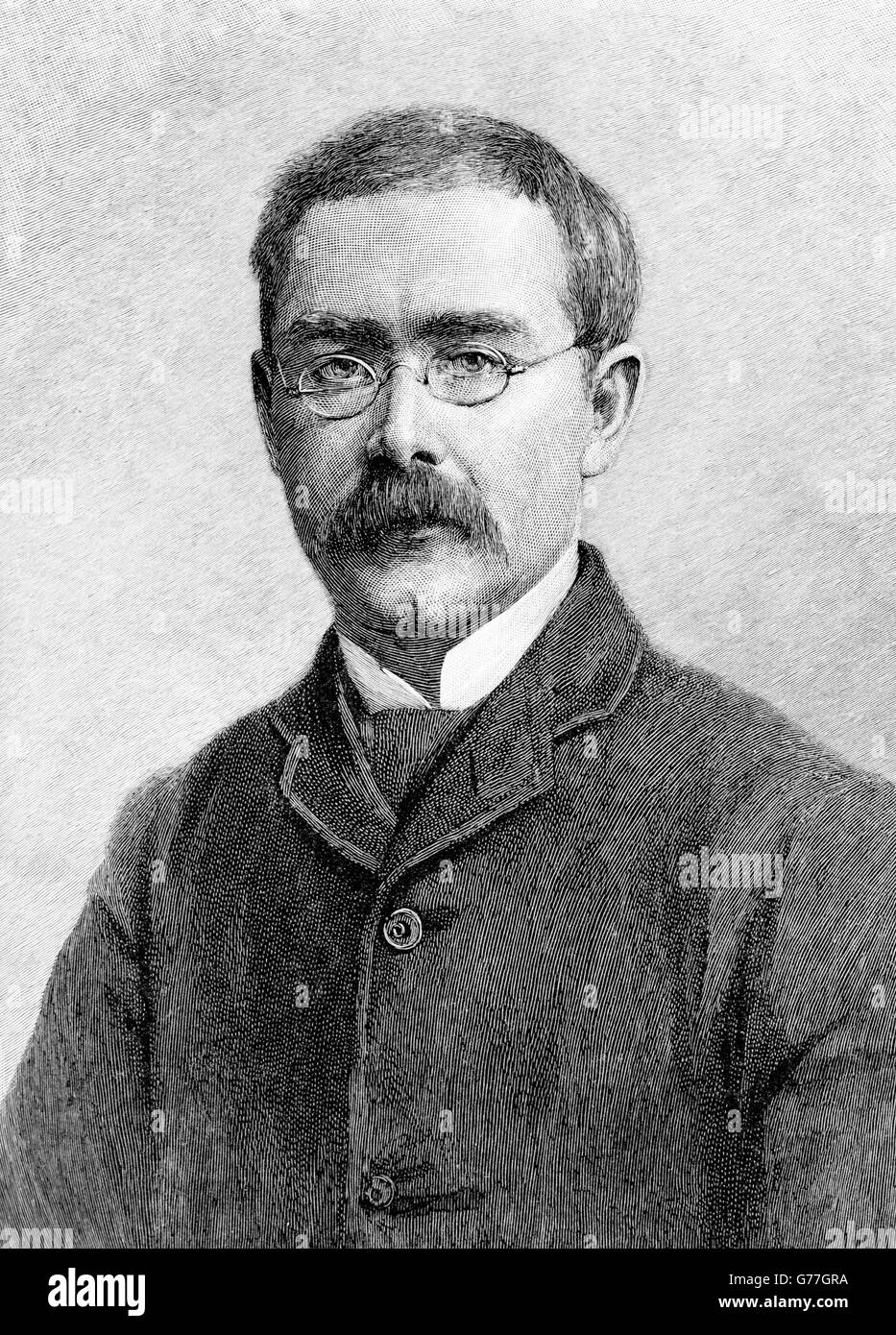 Ritratto dello scrittore inglese, Rudyard Kipling. Incisione di T. Johnson da una fotografia di Elliott & Fry, c.1891. Foto Stock