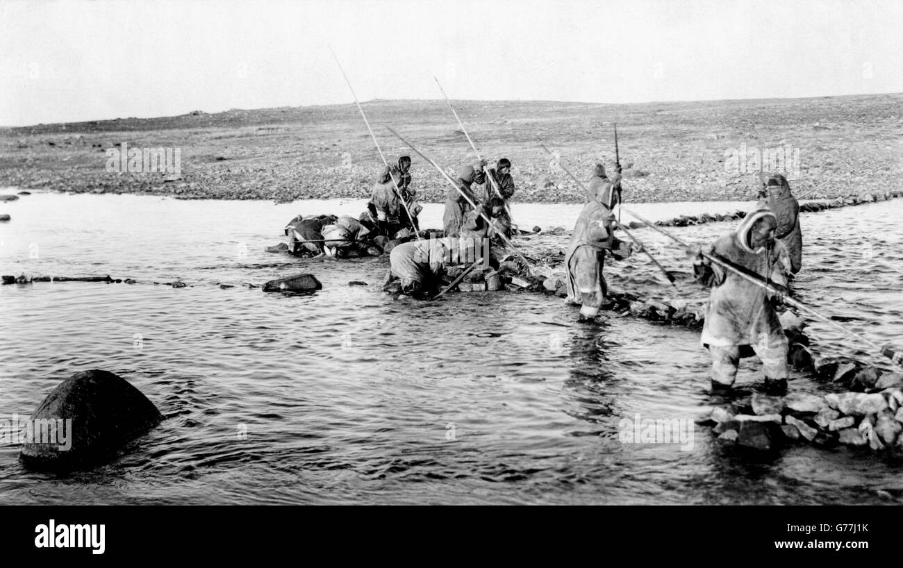 Inuit uccidendo il salmone con lance, Canada. Foto di Canadian Geological Survey, tra 1910-1925 Foto Stock