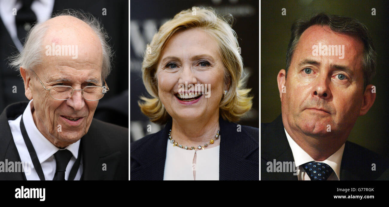 File foto di (da sinistra) Lord Tebbit, Hillary Clinton e Liam Fox. Foto Stock