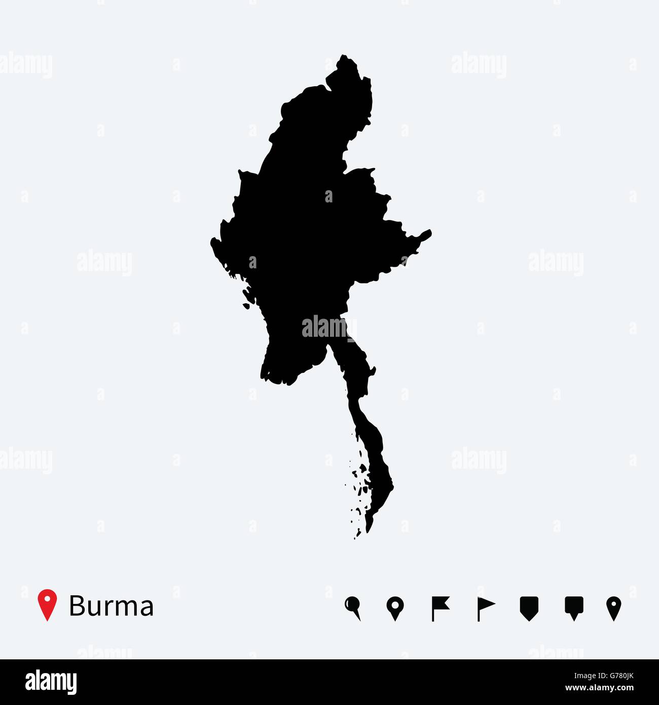 Alta dettagliata mappa vettoriale della Birmania con perni di navigazione. Illustrazione Vettoriale