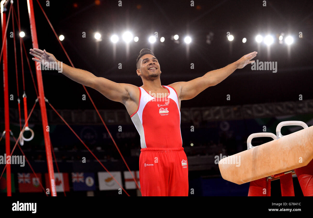 Louis Smith in Inghilterra durante la finale maschile di Pommel Horse alla SSE Hydro, durante i Giochi del Commonwealth 2014 a Glasgow. PREMERE ASSOCIAZIONE foto. Data immagine: Giovedì 31 luglio 2014. Vedere PA storia COMMONWEALTH Ginnastica artistica. Il credito fotografico dovrebbe essere: Dominic Lipinski/PA Wire. RESTRIZIONI: . Nessun uso commerciale. Nessuna emulazione video. Foto Stock