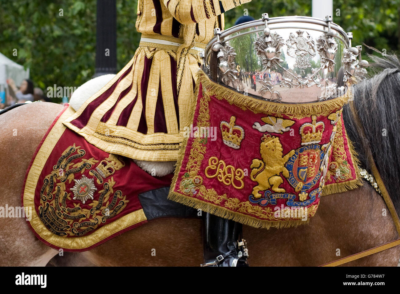 Fascia di montaggio della cavalleria della famiglia a Trooping il colore mercurio il cavallo del tamburo della vita delle guardie e Blues e Royals Foto Stock