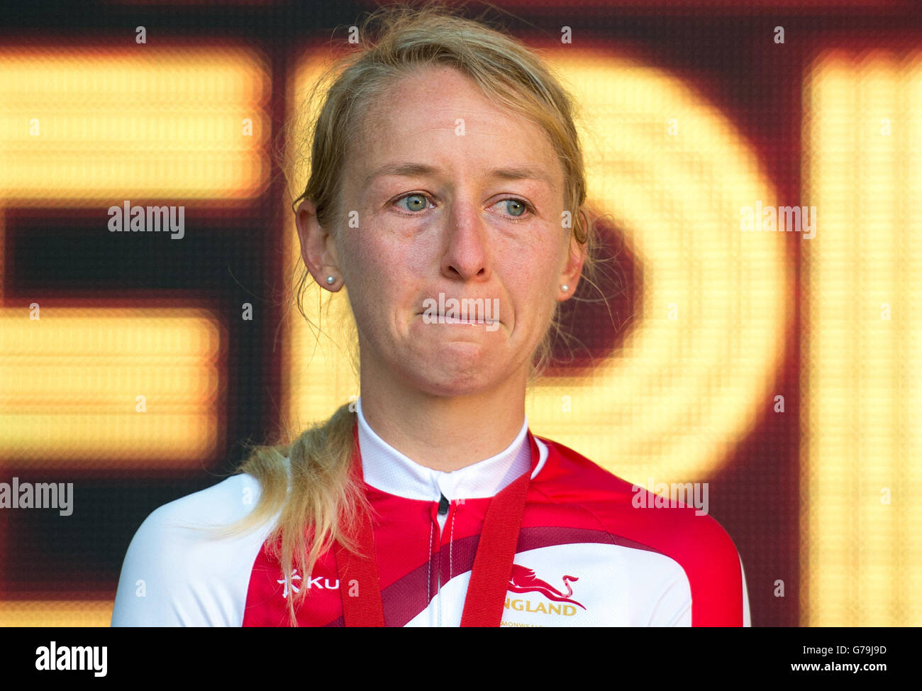 L'inglese Emma Pooley dopo aver vinto Silver nella gara su strada a Glasgow Green, durante i Commonwealth Games 2014 a Glasgow. Foto Stock