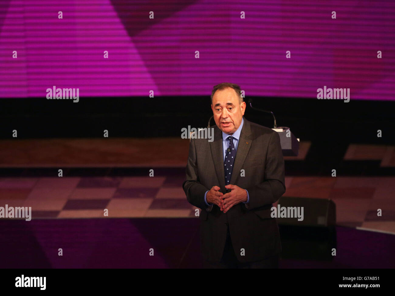 Il primo ministro Alex Salmond ha parlato al secondo dibattito televisivo sull'indipendenza scozzese alla Kelvingrove Art Gallery and Museum di Glasgow. Foto Stock