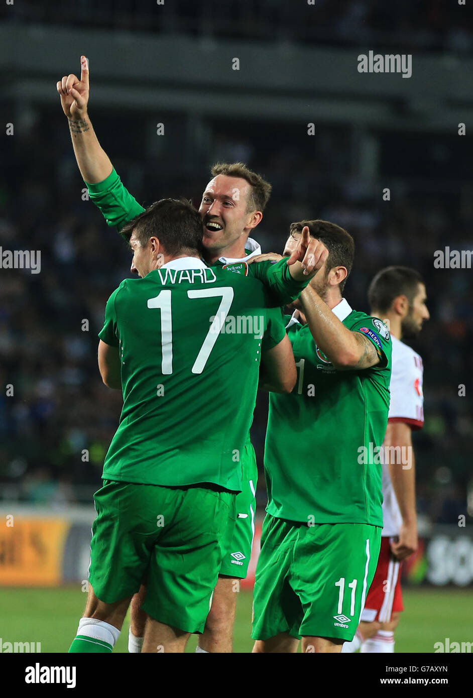 L'irlandese Aiden McGeady festeggia il raggiungimento del gol vincente durante le qualificazioni UEFA Euro 2016, partita del gruppo D presso la Boris Paichadze Dinamo Arena di Tbilisi. Foto Stock