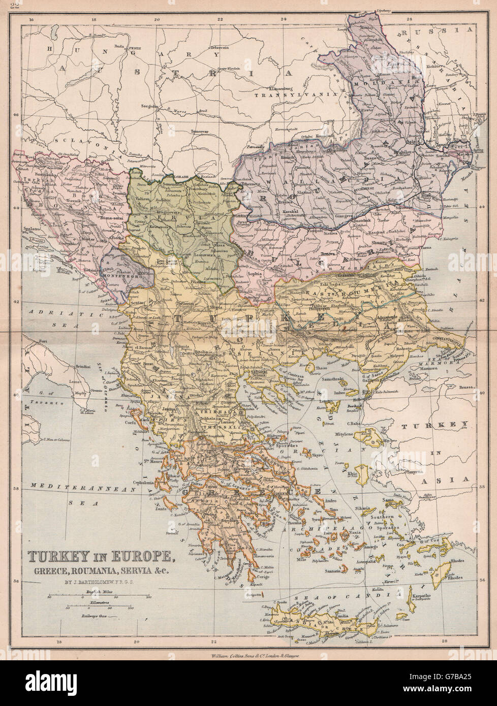 La TURCHIA IN EUROPA.Grecia Servia Balcani.Dopo che il Congresso/Trattato di Berlino, 1878 Mappa Foto Stock