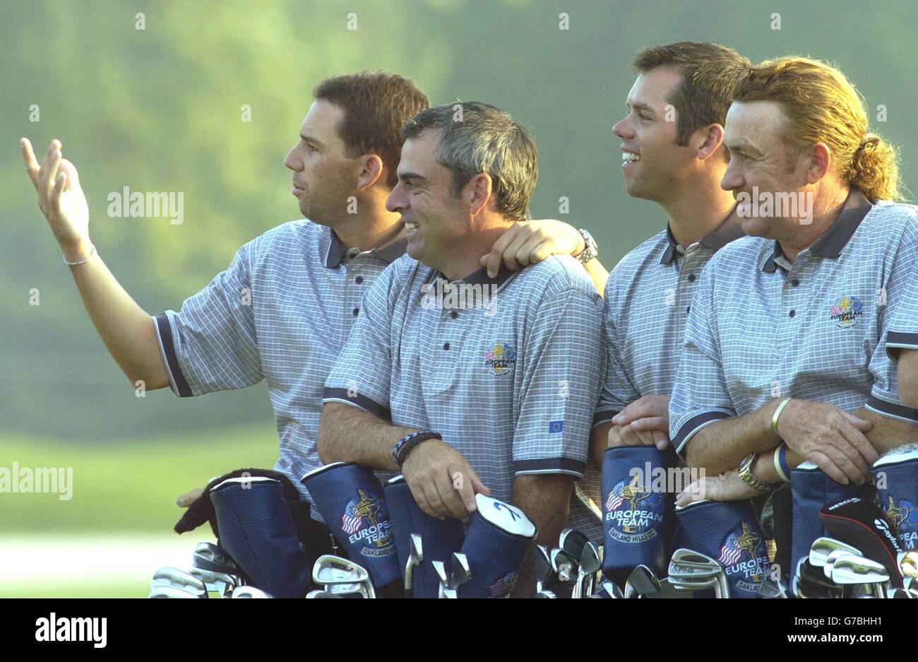 I membri del team europeo Ryder Cup (L-R) Sergio Garcia, Paul McGinley, Paul Casey, e Miguel Angel Jimenez ad una fotocall per la 35a edizione della Ryder Cup contro gli Stati Uniti, all'Oakland Hills Country Club, Bloommfield Township, Michigan. Foto Stock