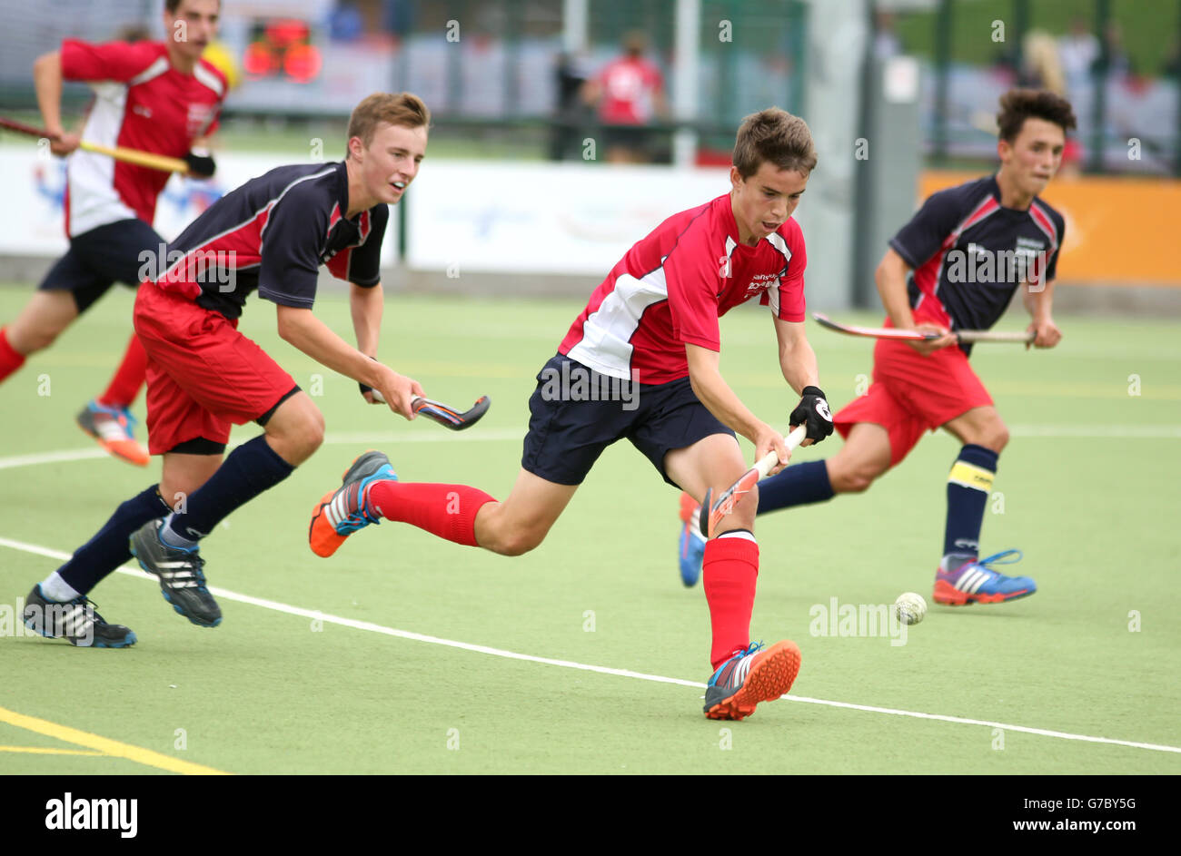 Sainsbury's 2014 School Games - 4 settembre 2014: Inghilterra Red Boys contro Inghilterra Blue Boys in Hockey durante i Sainsbury's 2014 School Games, tenutosi presso l'Armitage Site di Manchester Foto Stock