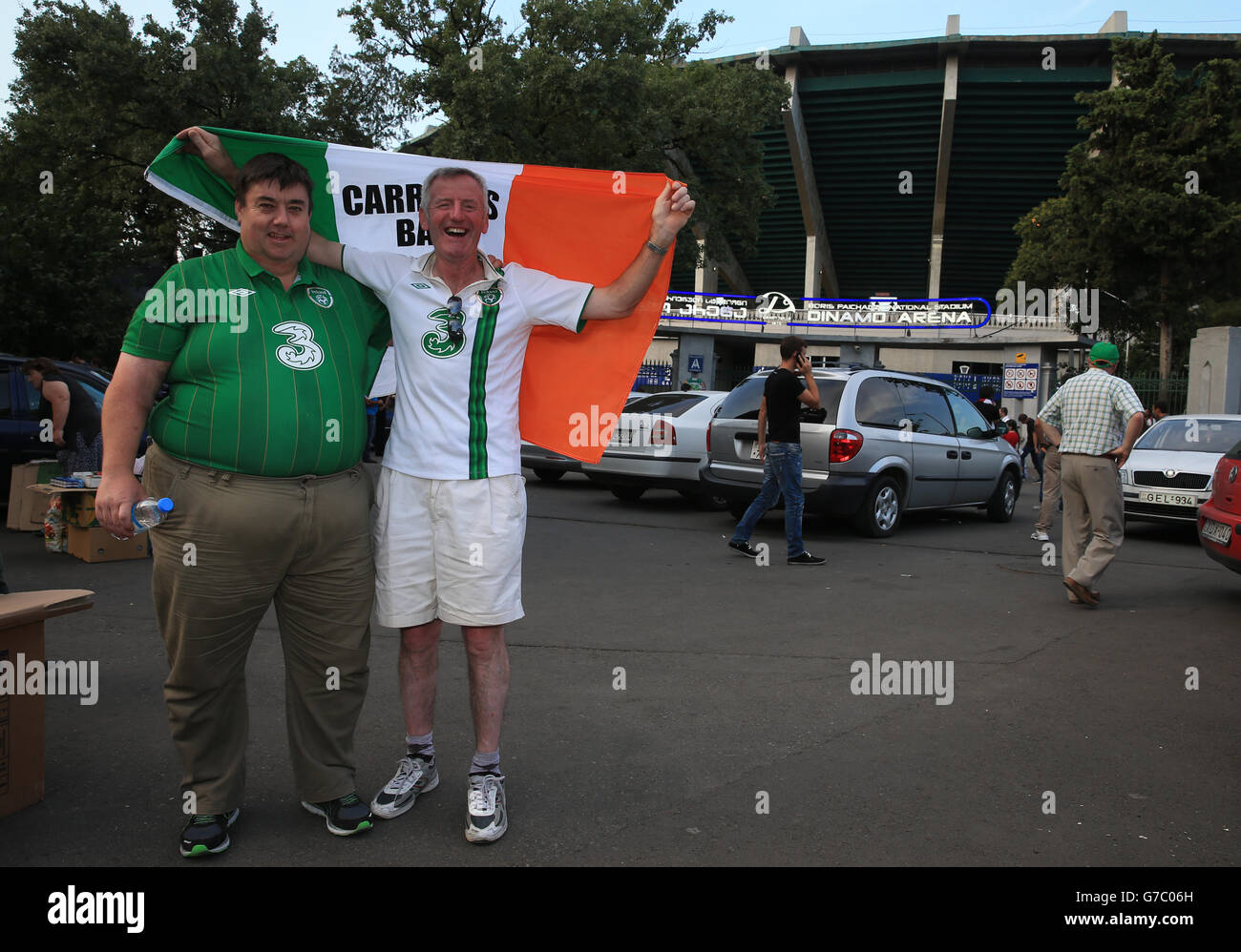La Repubblica d'Irlanda tifa Dermot o'Brien e Brian Deney prima della qualificazione UEFA Euro 2016, partita del gruppo D alla Boris Paichadze Dinamo Arena, Tbilisi. Foto Stock