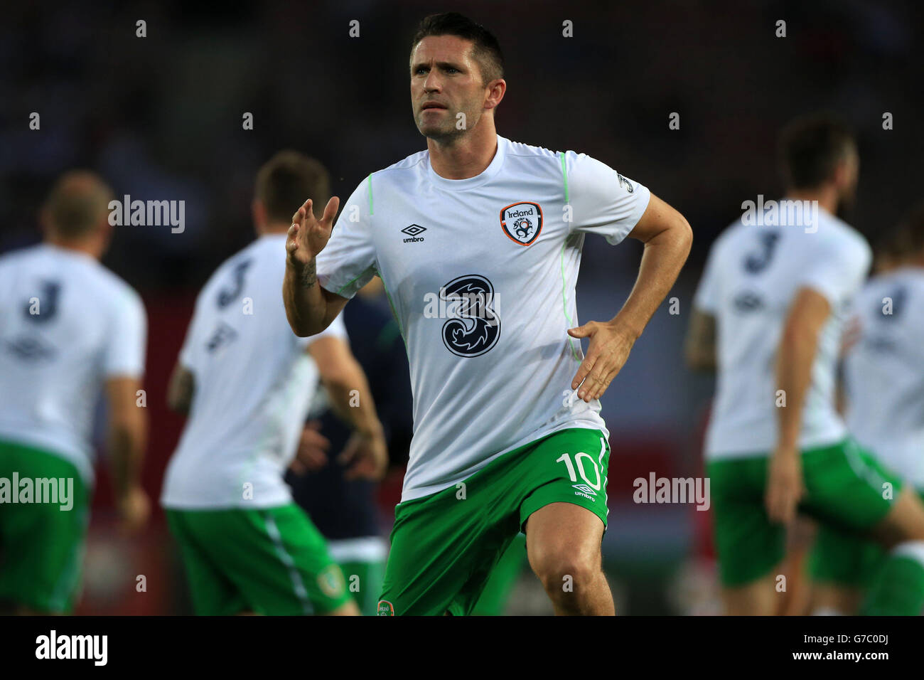 Il capitano della Repubblica d'Irlanda Robbie Keane durante il warm up in vista della partita di qualificazione UEFA euro 2016, del Gruppo D alla Boris Paichadze Dinamo Arena di Tbilisi. Foto Stock