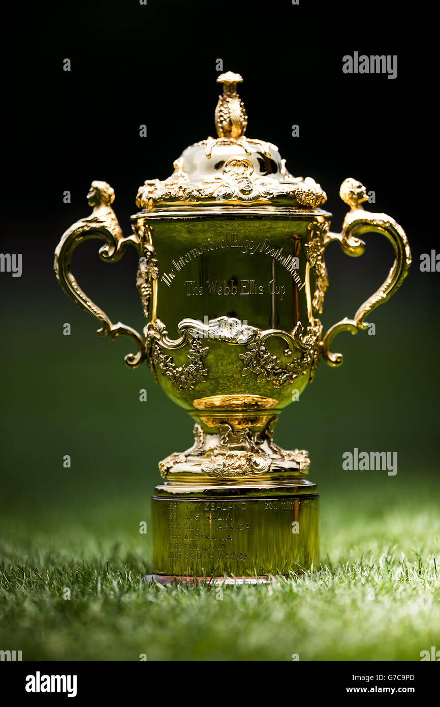 Rugby Union - 1 anno per la Coppa del mondo di Rugby 2015 - Scuola di Rugby. Dettaglio della Webb Ellis Cup durante una foto alla Rugby School, Warwickshire. Foto Stock