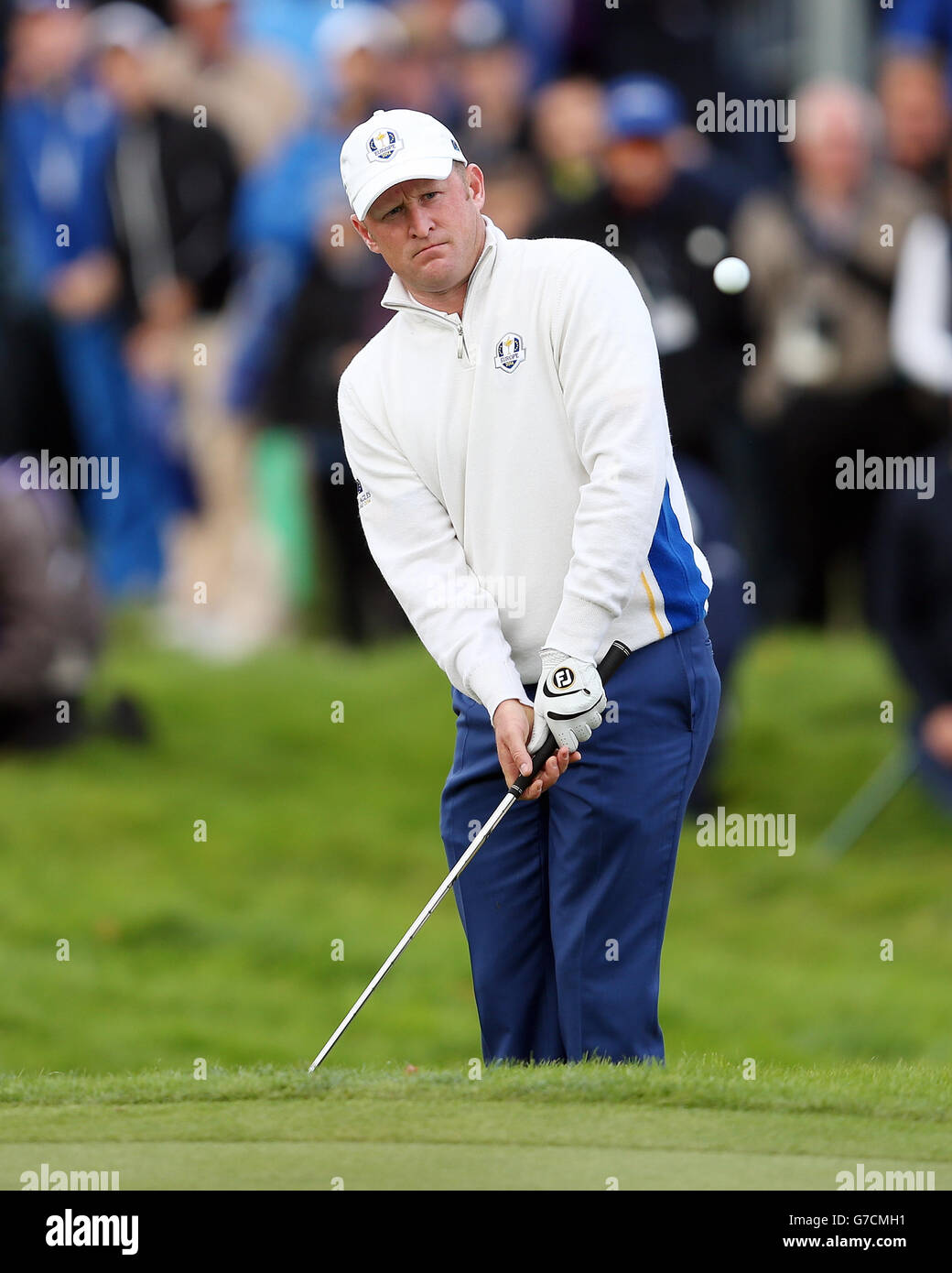 Il Jamie Donaldson in Europa durante il secondo giorno della 40° Ryder Cup al Gleneagles Golf Course, Perthshire. Foto Stock