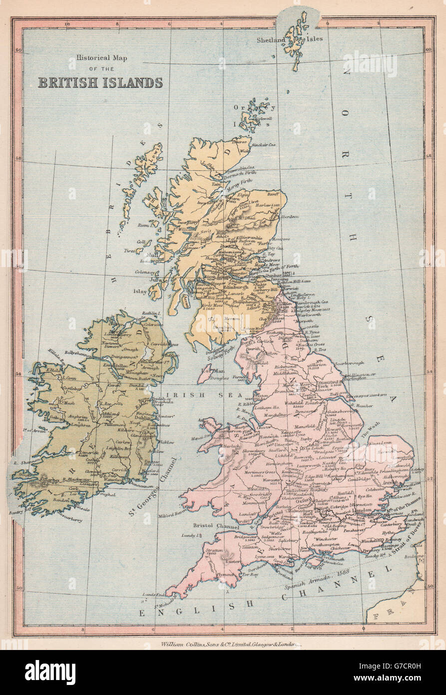 Isole britanniche storiche. Mostra località/data di battaglie chiave, 1878 mappa vecchia Foto Stock