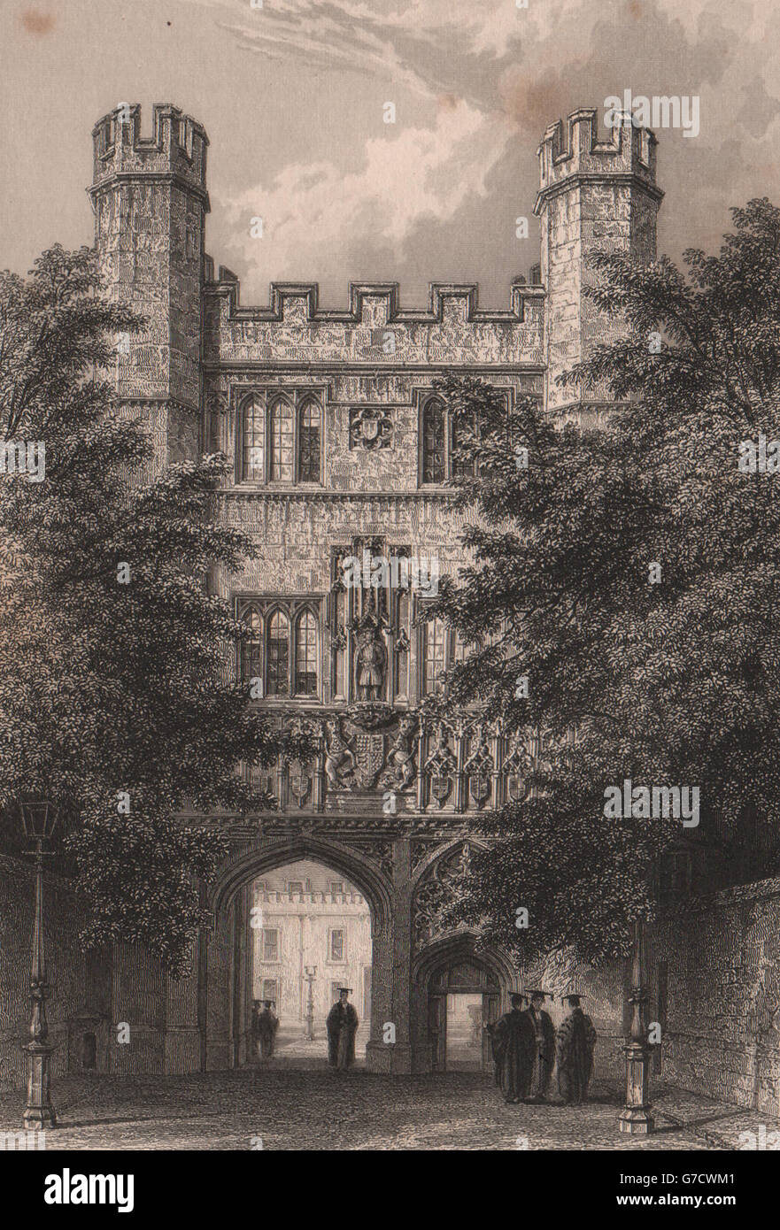 TRINITY COLLEGE portale di ingresso, Cambridge. LE KEUX, antica stampa 1841 Foto Stock
