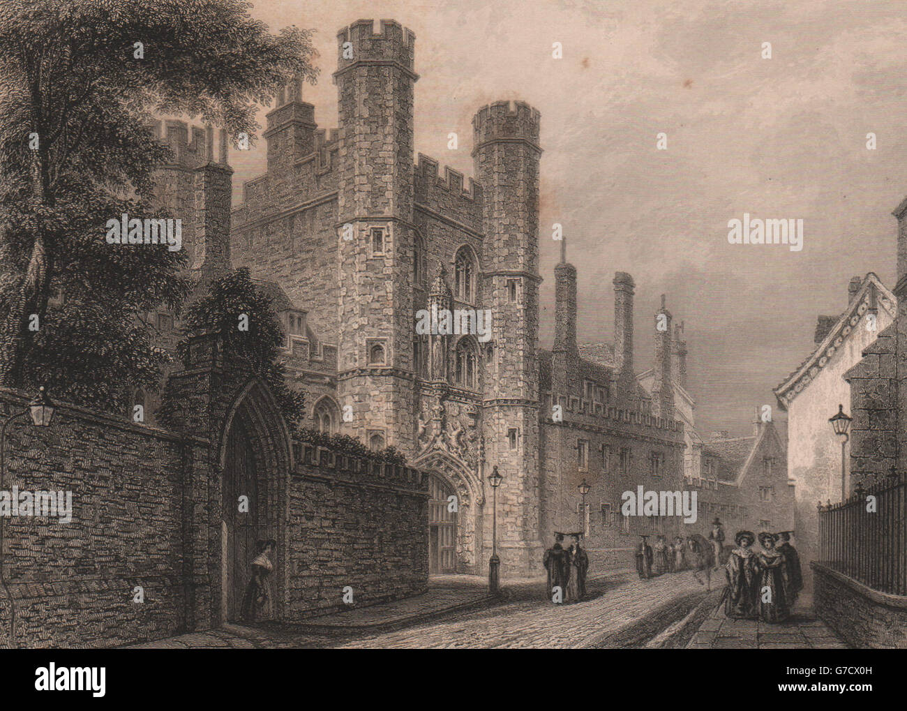 Portale di ingresso, ST. JOHN'S College di Cambridge. LE KEUX, antica stampa 1841 Foto Stock