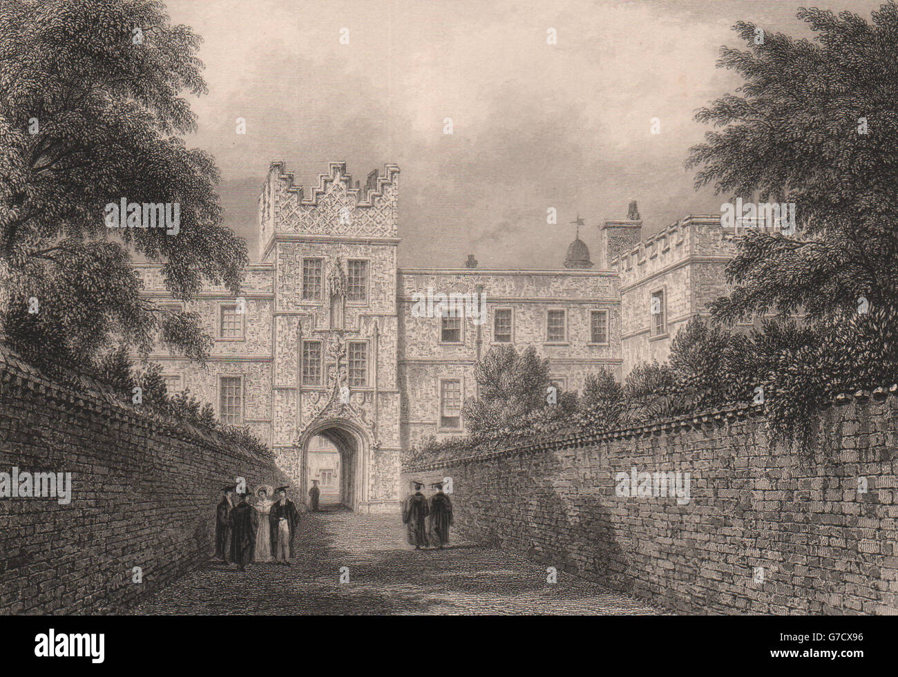 JESUS College. Il portale di ingresso, Cambridge. LE KEUX, antica stampa 1841 Foto Stock