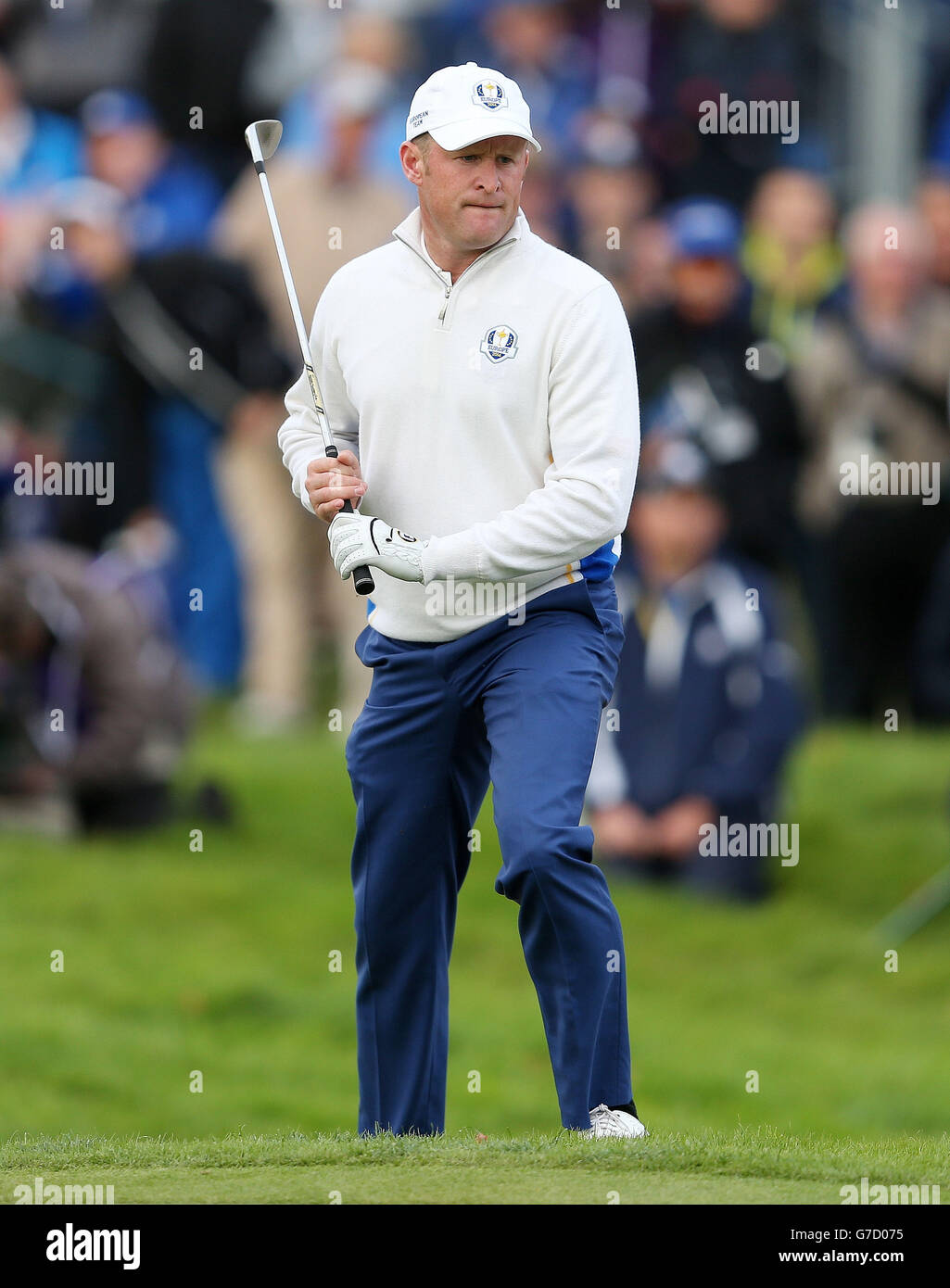 Il Jamie Donaldson in Europa durante il secondo giorno della 40° Ryder Cup al Gleneagles Golf Course, Perthshire. Foto Stock