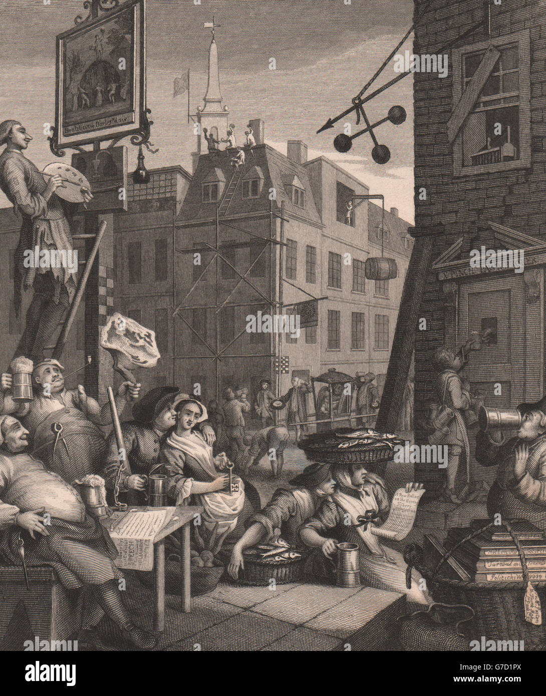 La birra STREET & GIN LANE. " Birra Street'. Dopo William Hogarth, antica stampa 1833 Foto Stock