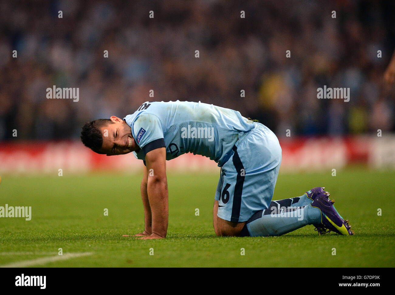 Sergio Aguero di Manchester City durante la partita della UEFA Champions League all'Etihad Stadium di Manchester. PREMERE ASSOCIAZIONE foto. Picture date: Martedì 30 settembre 2014, vedi PA storia CALCIO Man City. Il credito fotografico dovrebbe essere: Martin Rickett/PA Wire. Foto Stock