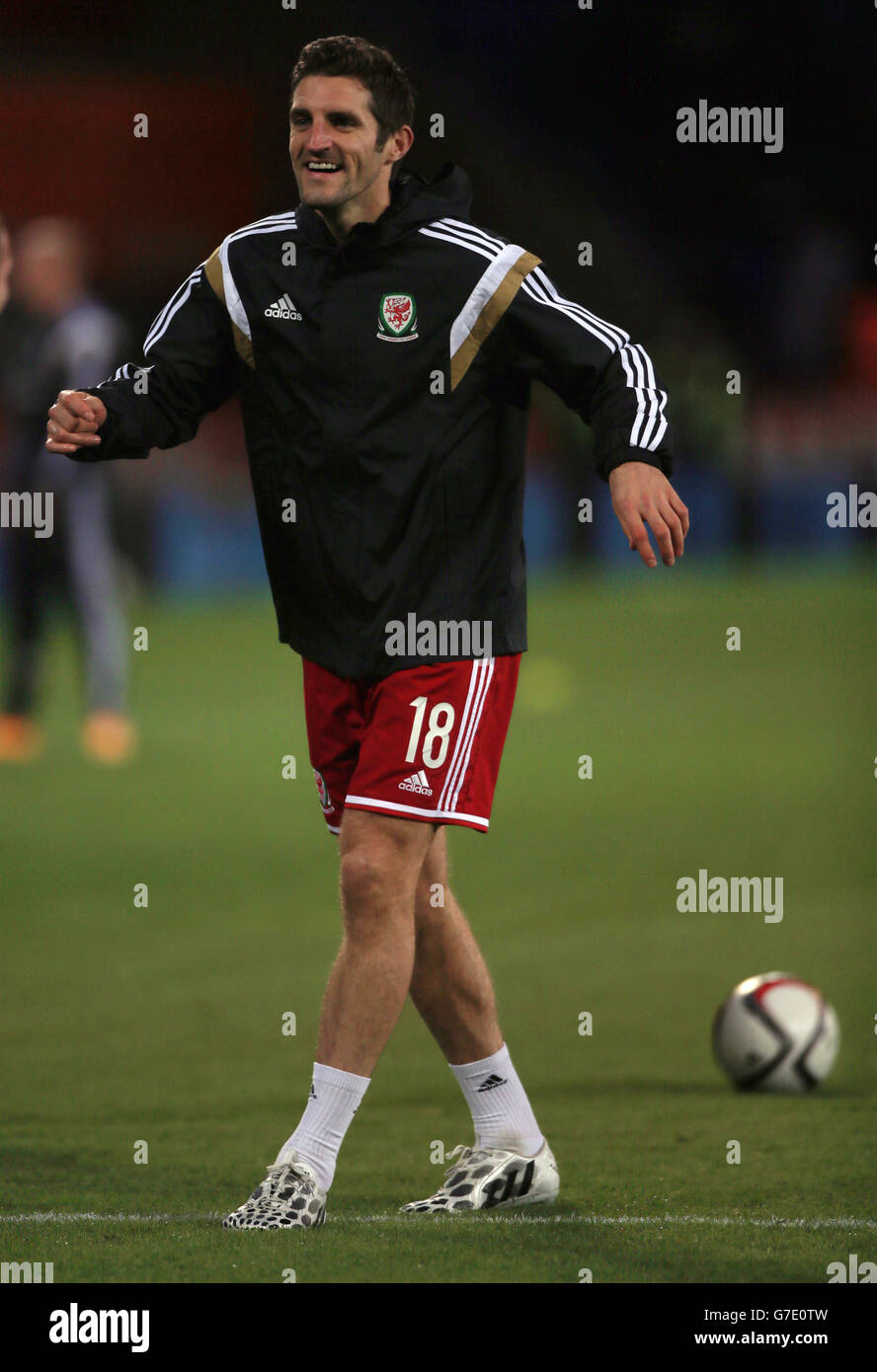 Sam Ricketts del Galles durante la partita di qualificazione UEFA Euro 2016 al Cardiff City Stadium di Cardiff. Foto Stock