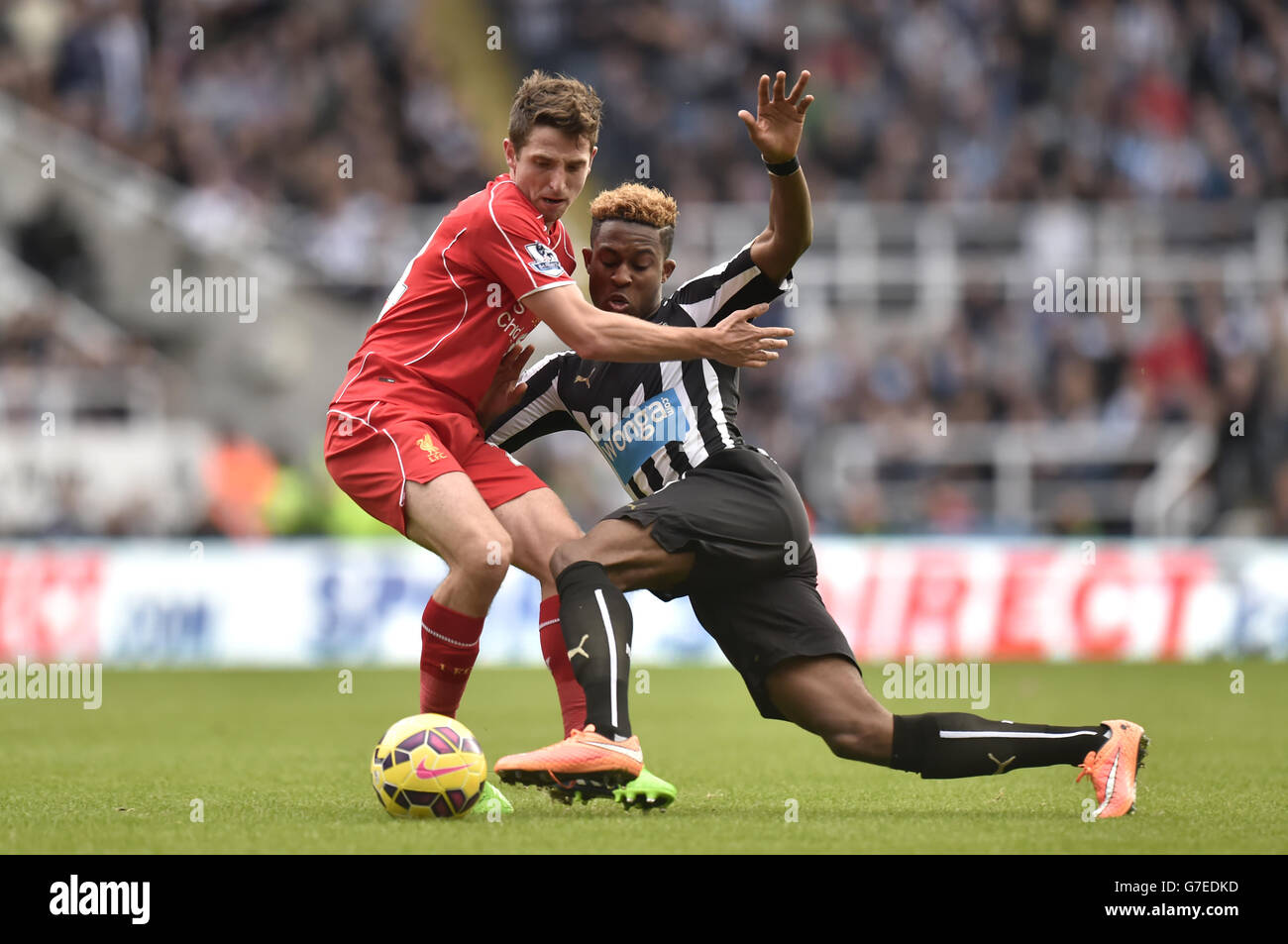 Joe Allen di Liverpool (a sinistra) combatte per la palla con Rolando Aarons di Newcastle United durante la partita della Barclays Premier League al St. James' Park di Newcastle. PREMERE ASSOCIAZIONE foto. Data immagine: Sabato 1 novembre 2014. Scopri la storia di calcio della Pennsylvania Newcastle. Il credito fotografico dovrebbe leggere Owen Humphreys/PA Wire. . . Foto Stock