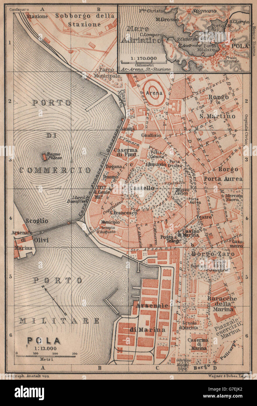 POLA (PULA / POLEI antiche città city plan grada. Croazia karta, 1905 mappa  vecchia Foto stock - Alamy
