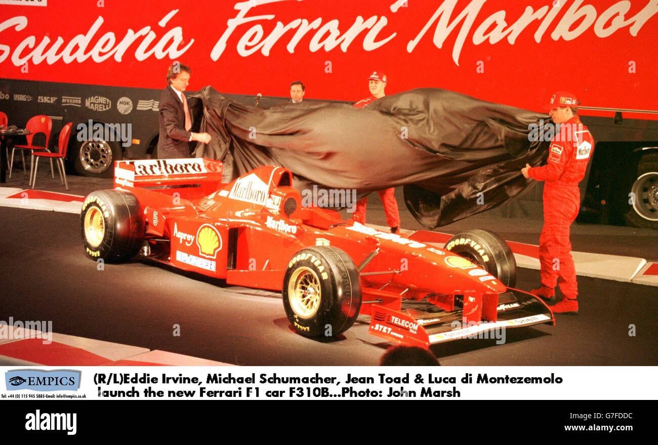 (R/L)Eddie Irvine, Michael Schumacher, Jean Todt e Luca di Montezemolo lanciano la nuova Ferrari Formula 1 F310B Foto Stock