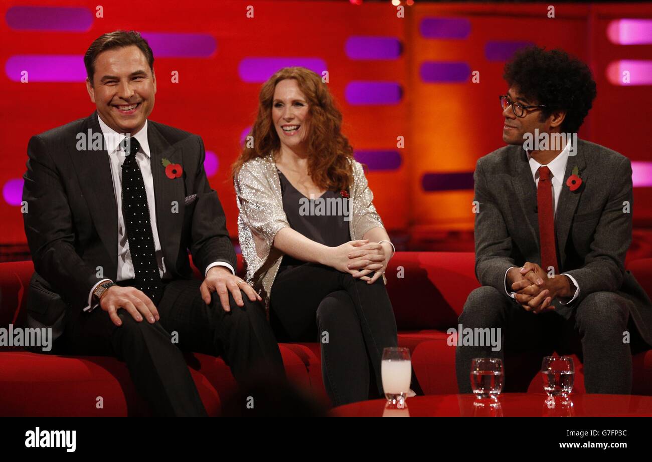 David Walliams, Catherine Tate e Richard Ayoade durante le riprese del Graham Norton Show presso i London Studios di Londra, in onda sulla BBC One venerdì sera. Foto Stock