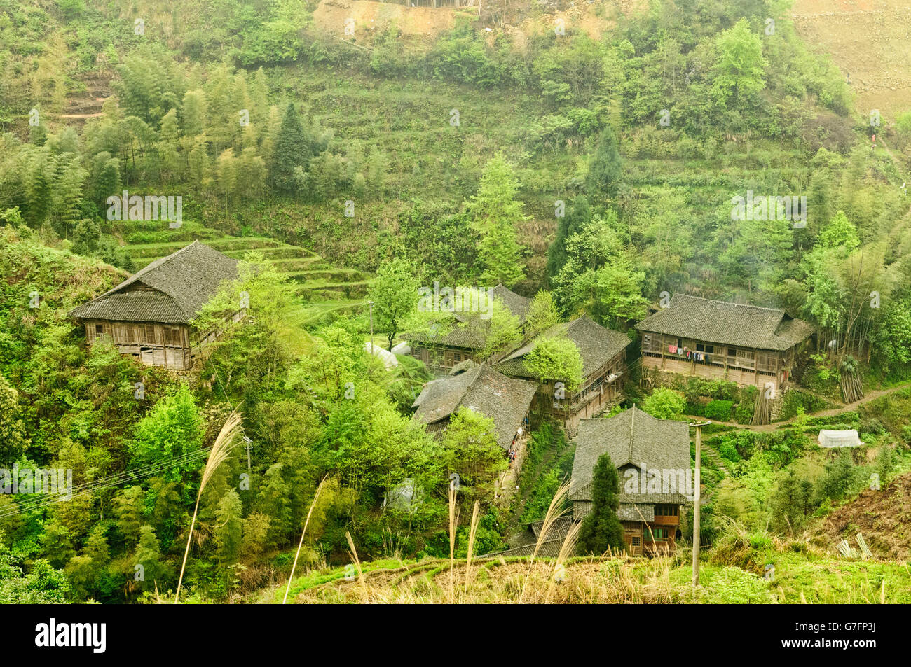 Case tradizionali della minoranza Yao vicino a Ping An, Guangxi Regione autonoma, Cina Foto Stock