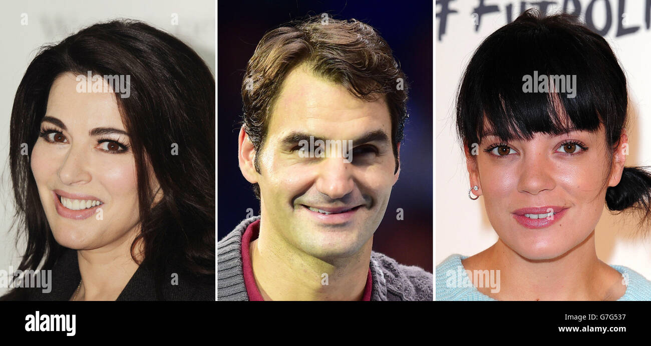 File foto di (da sinistra) Nigella Lawson, Roger Federer e Lily Allen. Foto Stock
