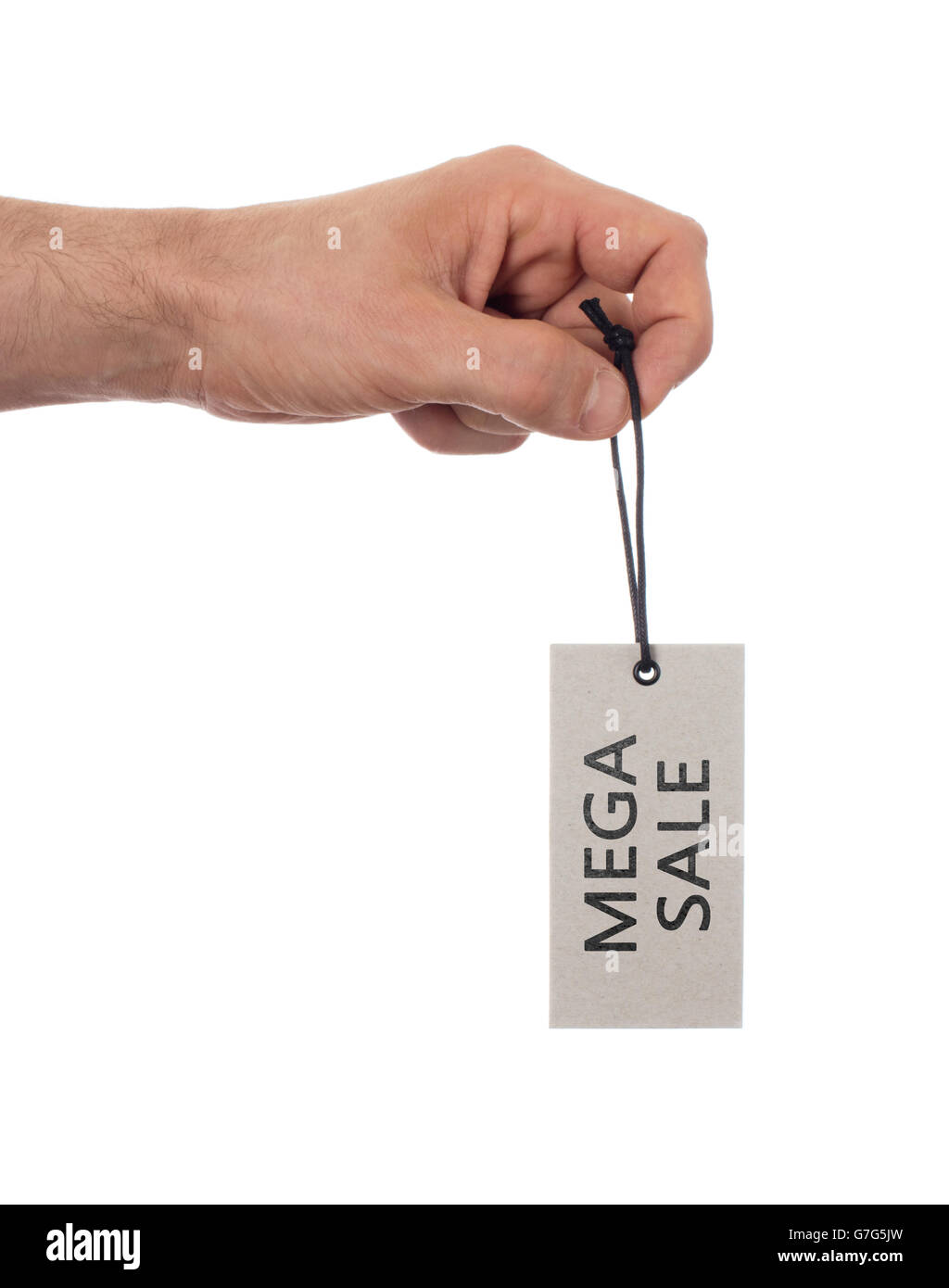 Tag legati con spago, prezzo di etichetta - Mega vendita (isolato su bianco) Foto Stock