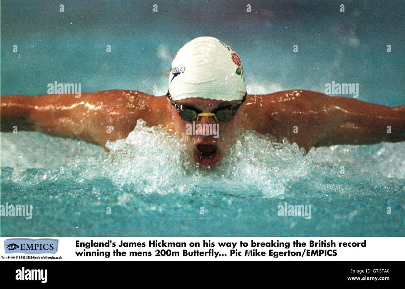 James Hickman dell'Inghilterra sul suo senso rompere gli inglesi Record in Mens 200m Butterfly Foto Stock