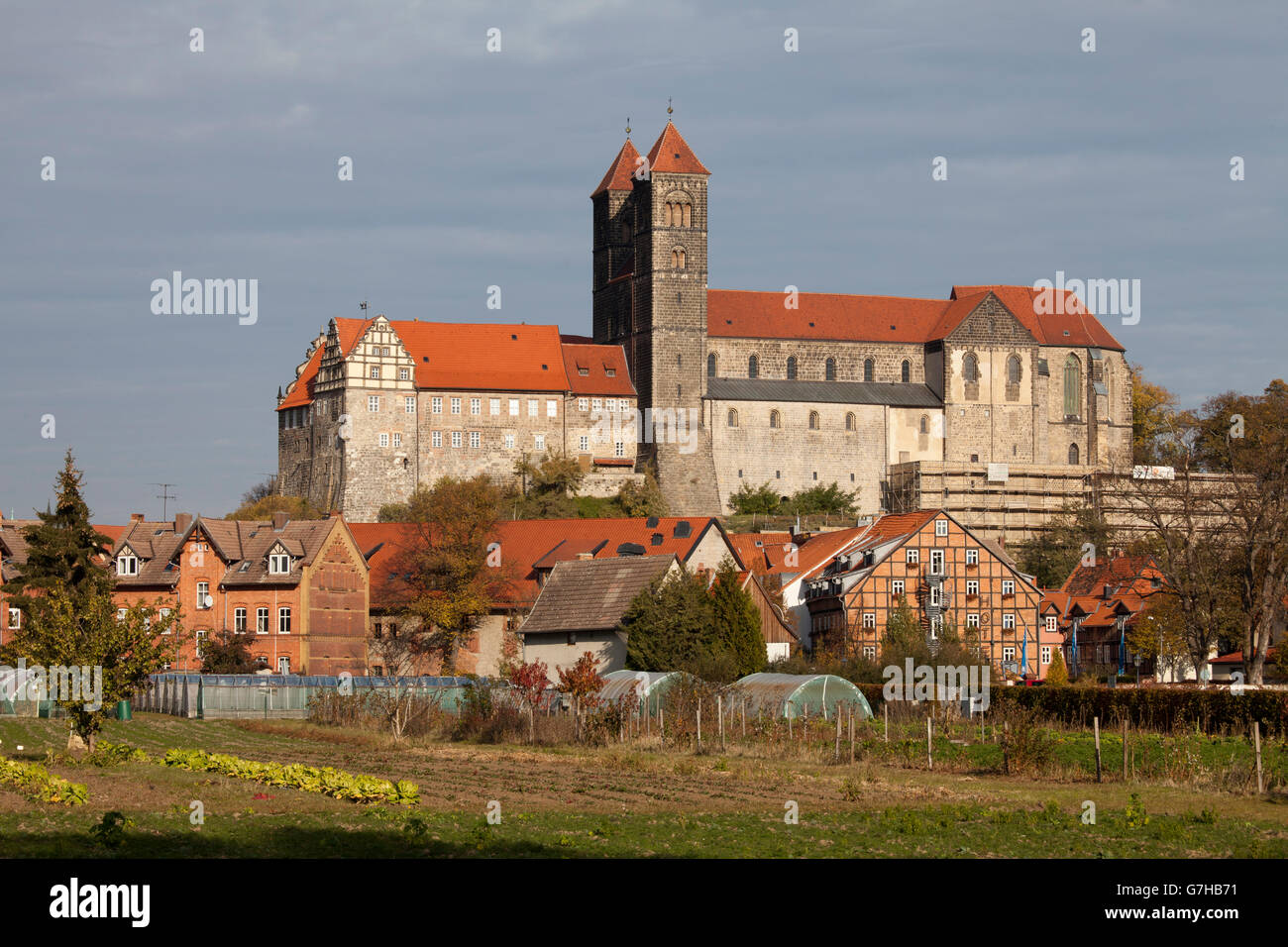 Chiesa Collegiata di San Servatius e castello sulla collina Schlossberg, Quedlinburg, Sito Patrimonio Mondiale dell'UNESCO, zona di Harz Foto Stock