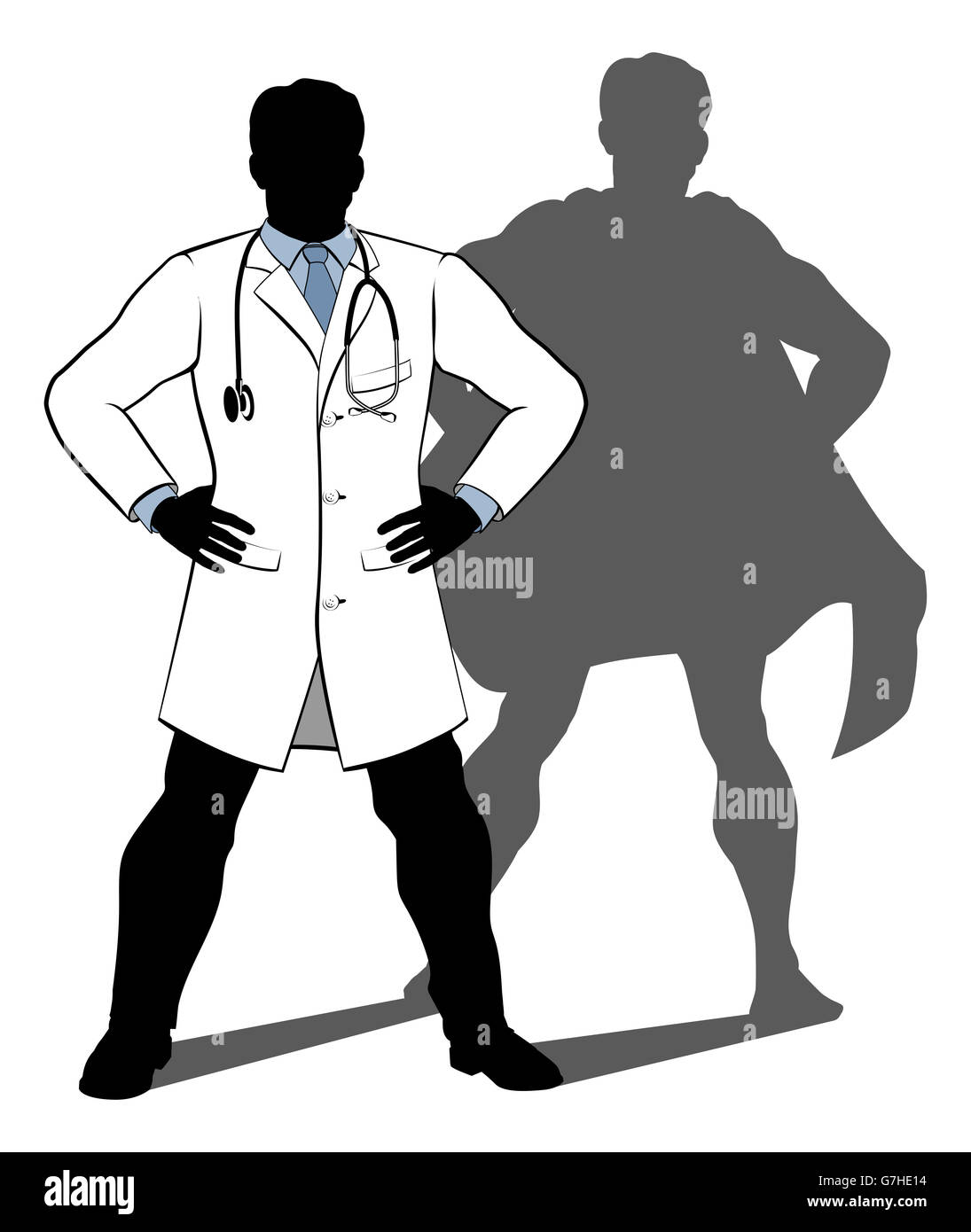 Un medico super hero silhouette illustrazione concettuale di un medico in piedi con le mani sui suoi fianchi con un'ombra rivelando h Foto Stock