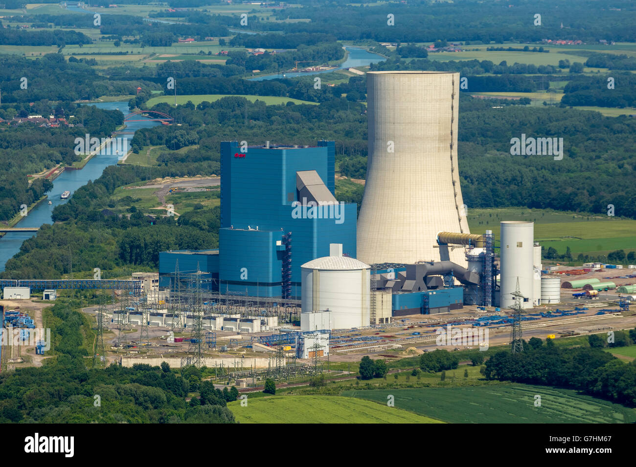 Vista aerea, di costruzione di impianti EON Datteln 4, congelare a causa di problemi legali dopo che si è verificato un errore di zoning, Dortmund-Ems Canal, Foto Stock