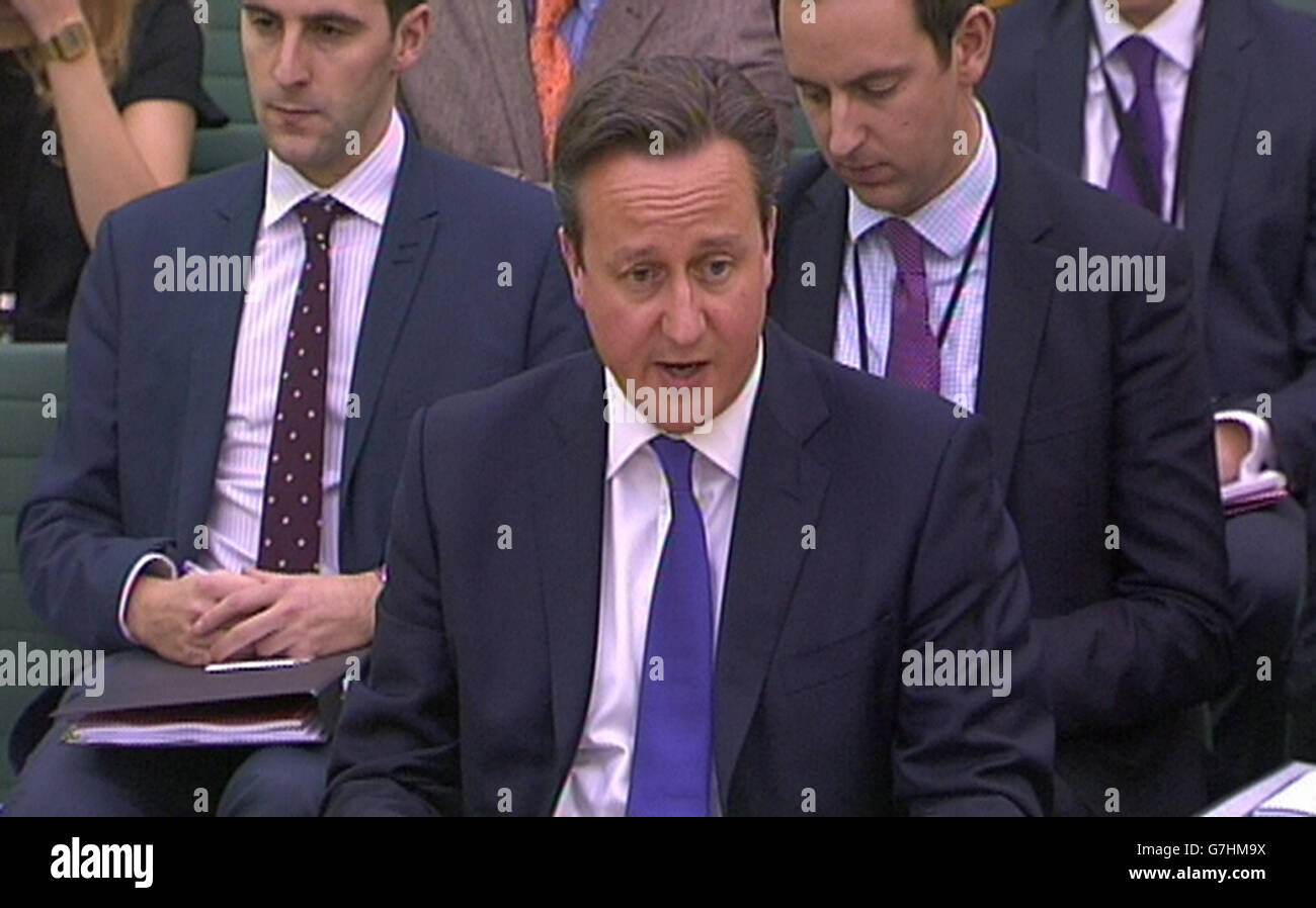 Il primo Ministro David Cameron risponde alle domande di fronte al Comitato di selezione di collegamento della Camera dei Comuni di Londra. Foto Stock