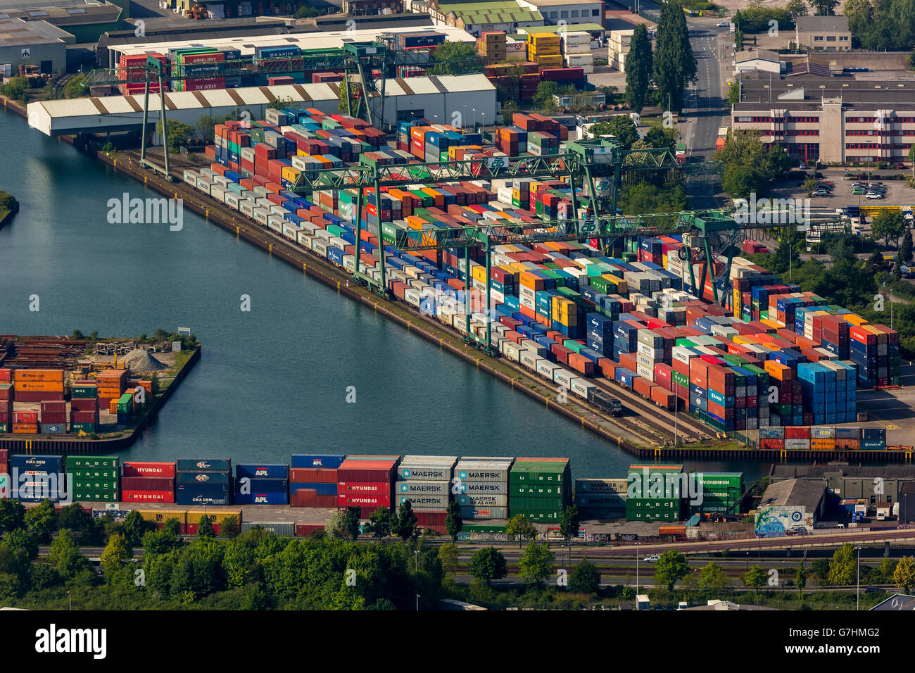 Vista aerea, contenitore porta, vie navigabili interne, Dortmund-Ems Canal, porto di Dortmund con terminale per container, Dortmund, Foto Stock