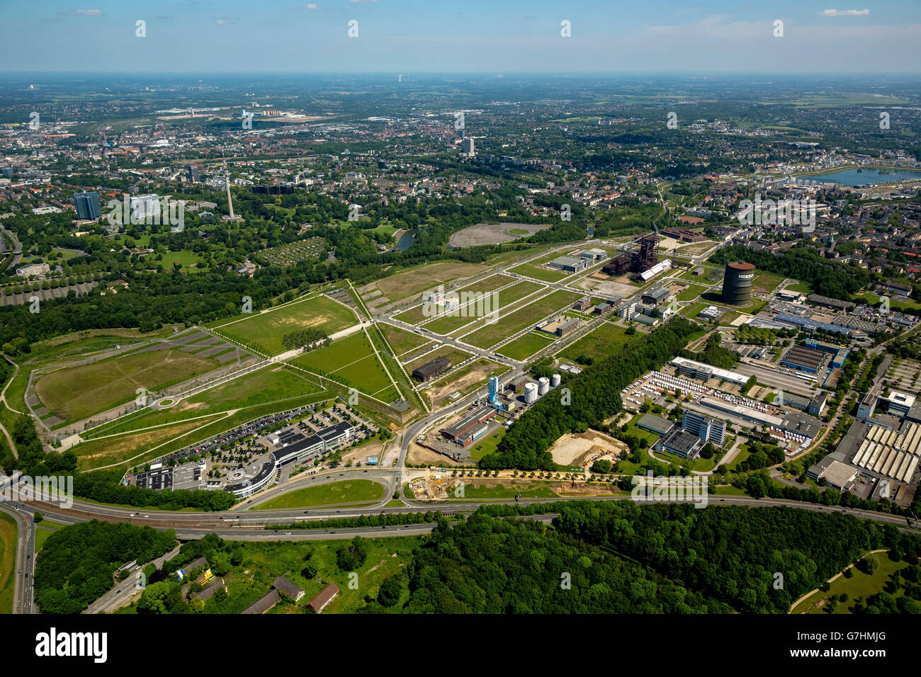 Vista aerea, Phoenix West, TechnologieParkDortmund, zona industriale sulla ex acciaierie in zona, Dortmund, regione della Ruhr, Foto Stock