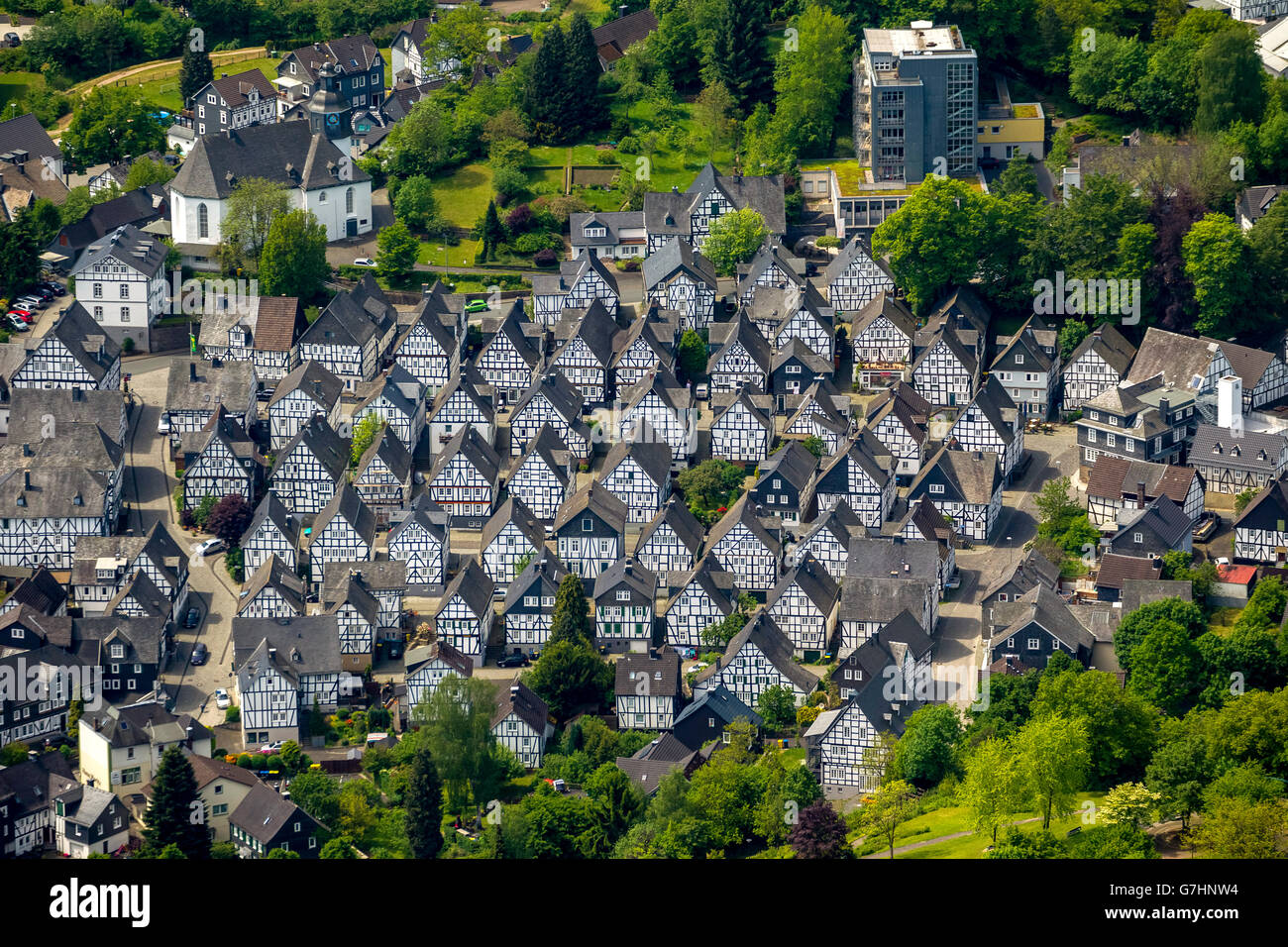 Vista aerea, semi-case con travi di legno, vecchie macchie, Freudenberg il centro storico, Freudenberg, Patrimonio Mondiale, Siegen-Wittgenstein Foto Stock