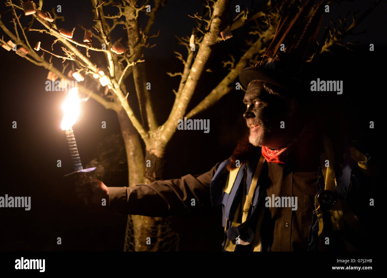 Un membro dei ballerini Hook Eagle Morris ha una torcia per brindare l'offerta di pane sull'albero scelto nel frutteto di mele del Millennio di Vaughan durante un 'Wassail' a Hartley Wintney, Hampshire. PREMERE ASSOCIAZIONE foto. Data immagine: Venerdì 2 gennaio 2015. L'antica cerimonia pagana si svolge ogni anno nuovo per dissipare gli spiriti malvagi dalla rovina della raccolta delle mele. Il credito fotografico dovrebbe essere: Andrew Matthews/PA Wire Foto Stock