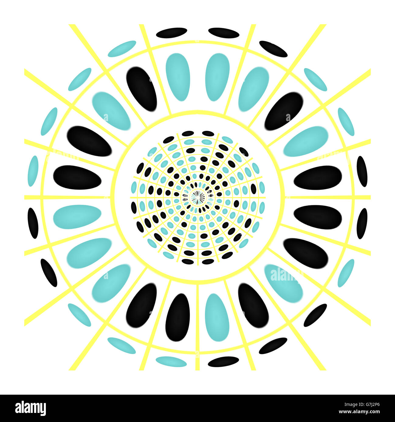 Circolare design geometrico in nero, ciano e giallo, su uno sfondo bianco. Arte digitale. Foto Stock