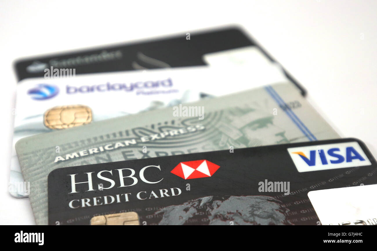 Carte di credito da Santander, Barclaycard, American Express e HSBC come un picco di spesa prima di Natale ha visto l'appetito per prendere in prestito su carte di credito e prestiti personali aumentare al ritmo più veloce da quando i record sono iniziati nel 2007, le cifre dalla Banca d'Inghilterra ha mostrato oggi. Foto Stock