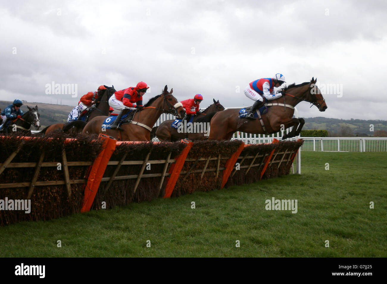 Jockey Noel Fehily su Thomas Brown (a destra) guida il campo Durante l'ostacolo di Neptune Investment Management Novices Foto Stock