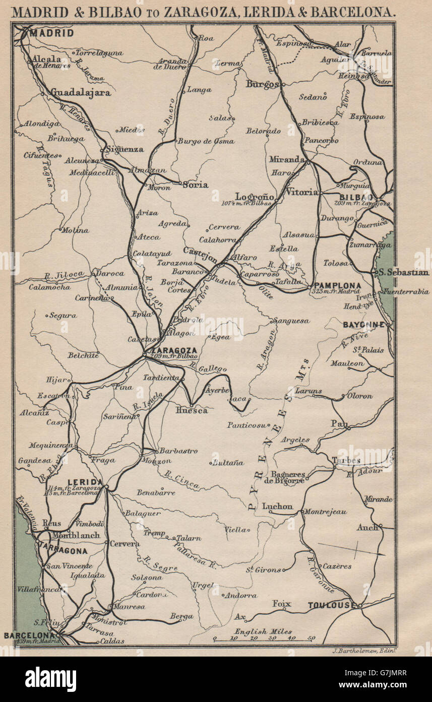 Pirenei. Madrid Bilbao Zaragoza Lerida Barcellona Spagna Tolosa, 1899 mappa vecchia Foto Stock
