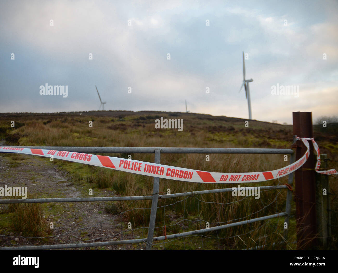 Una visione generale della centrale eolica di Screggagh, County Tyrone, dove una turbina eolica è crollata venerdì sera, 2 gennaio 2015. Foto Stock