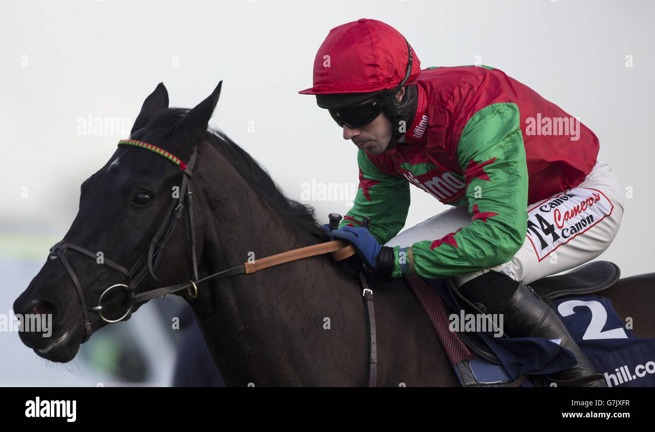 Wayne Hutchinson e Balder Succes si allontanano dall'ultima recinzione prima di andare a vincere la williamhill.com Steeple Chase durante il William Hill Lanzarote Hurdle Day presso l'ippodromo di Kempton Park. Foto Stock